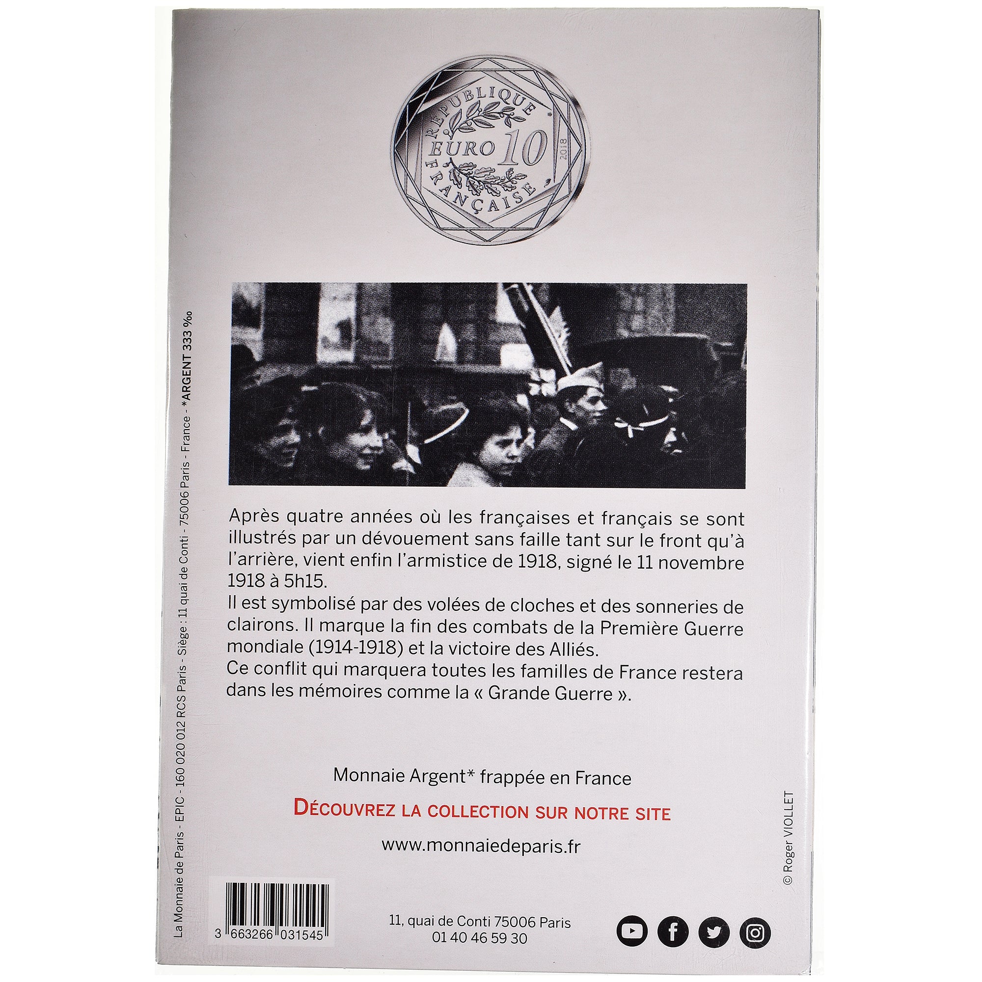 France, Monnaie de Paris, 10 Euro, Centenaire de l'Armistice, 2018, Paris