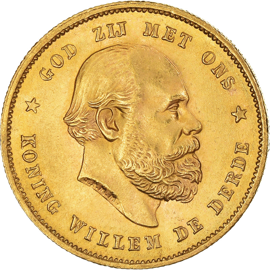 Coin, Netherlands, William III, 10 Gulden, 1876, MS(63), Gold, KM:106