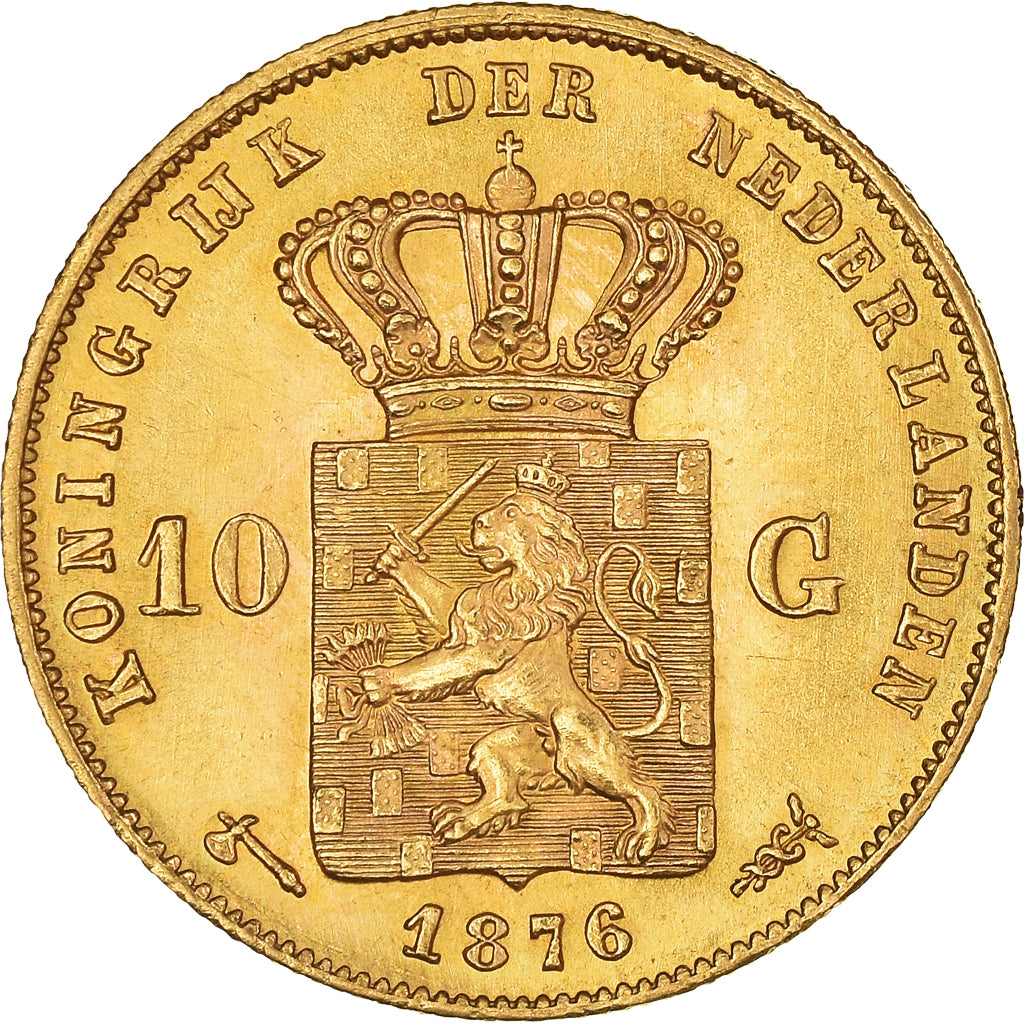 Coin, Netherlands, William III, 10 Gulden, 1876, MS(63), Gold, KM:106