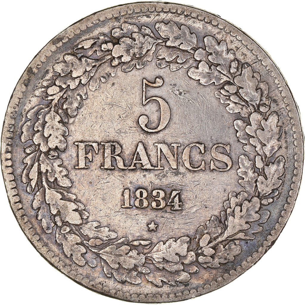 Coin, Belgium, Leopold I, 5 Francs, 5 Frank, 1834, Edge B, VF(30-35), Silver