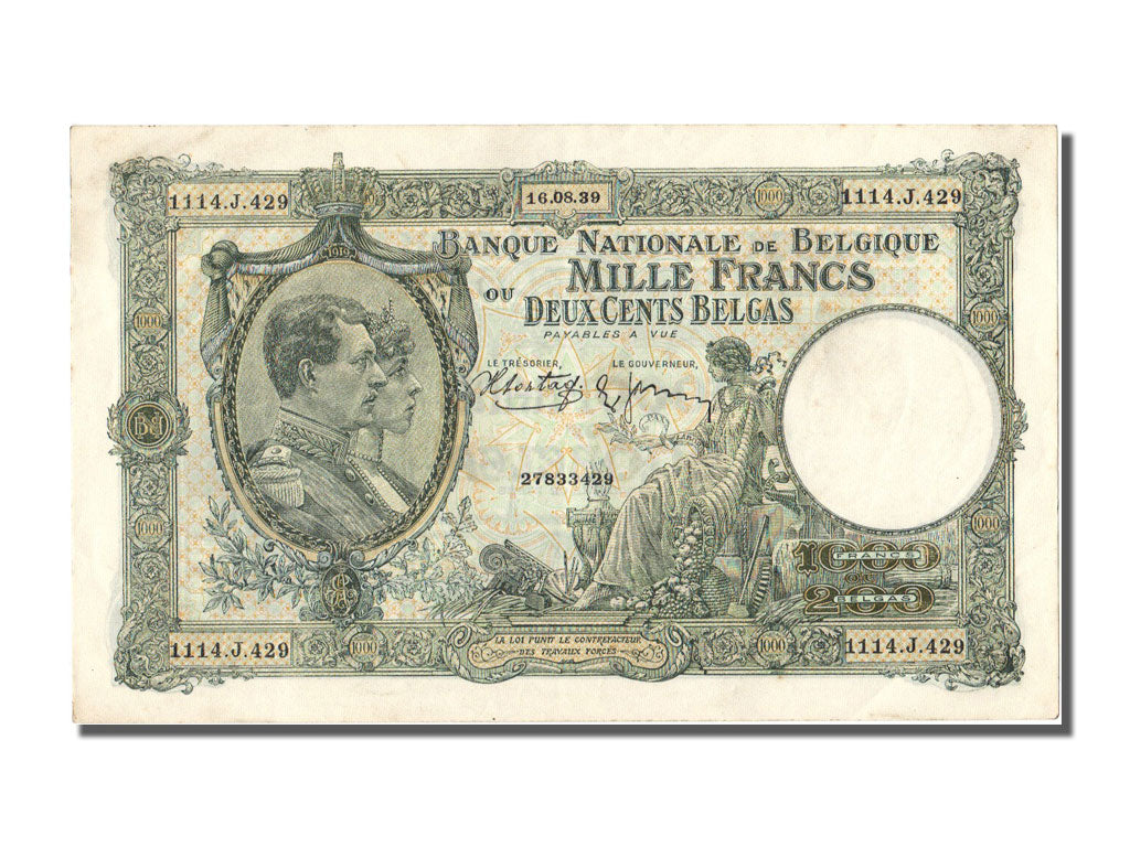 Belgium, 1000 Francs-200 Belgas, 1939, KM #104, 1939-08-16, UNC(60-62), J