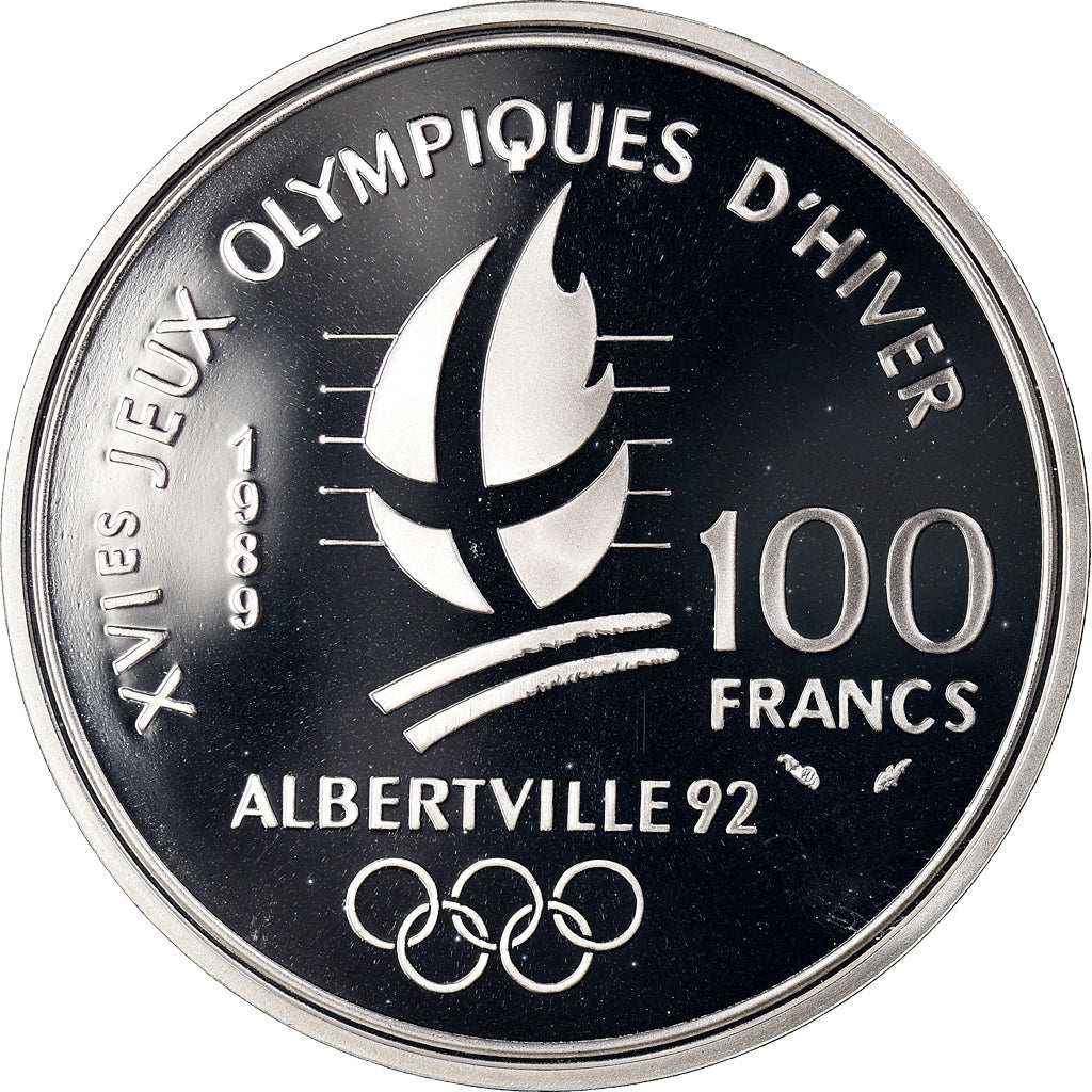 Moneta, Francia, 1992 Olympics, Albertville, Alpine Skiing, 100 Francs, 1989