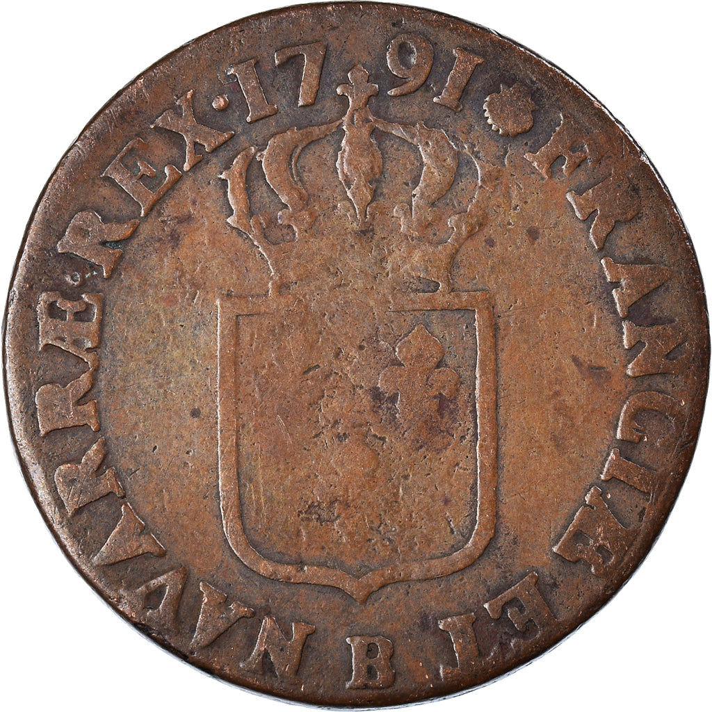Coin, France, Louis XVI, Sol à l'Ecu, 1791, Rouen, VF(20-25), Copper