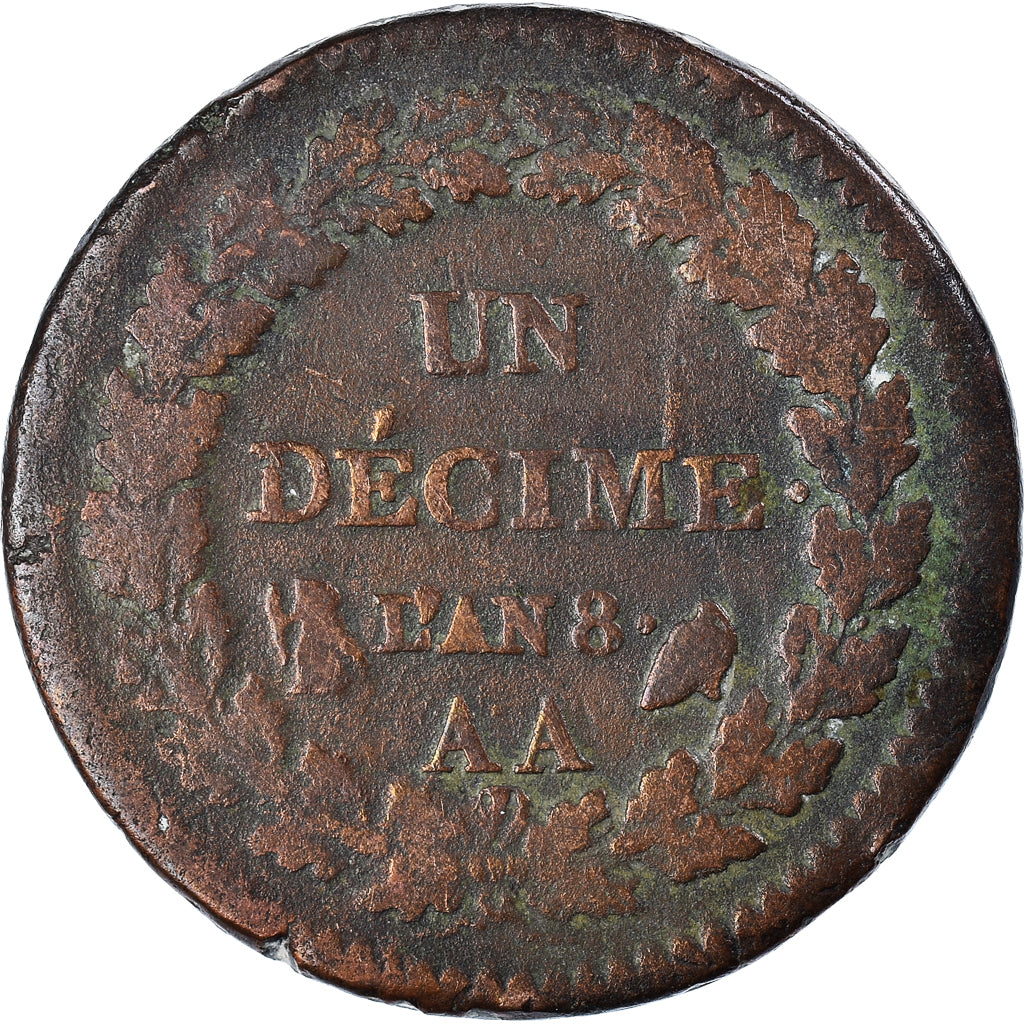 Coin, France, Dupré, Decime, AN 8, Metz, VF(20-25), Bronze, KM:644.2