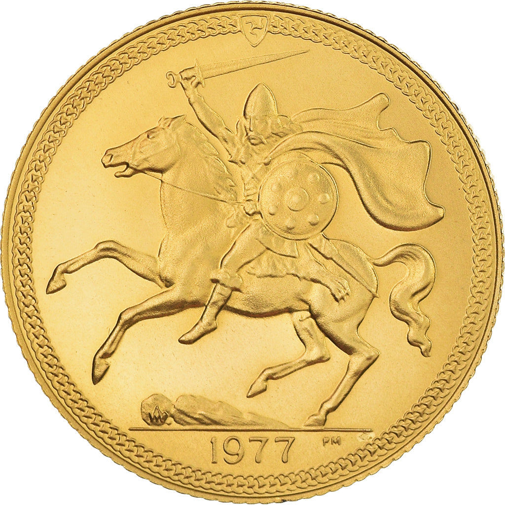 Moeda, Ilha de Man, Elizabeth II, Sovereign, Pound, 1977, MS(65-70), Dourado