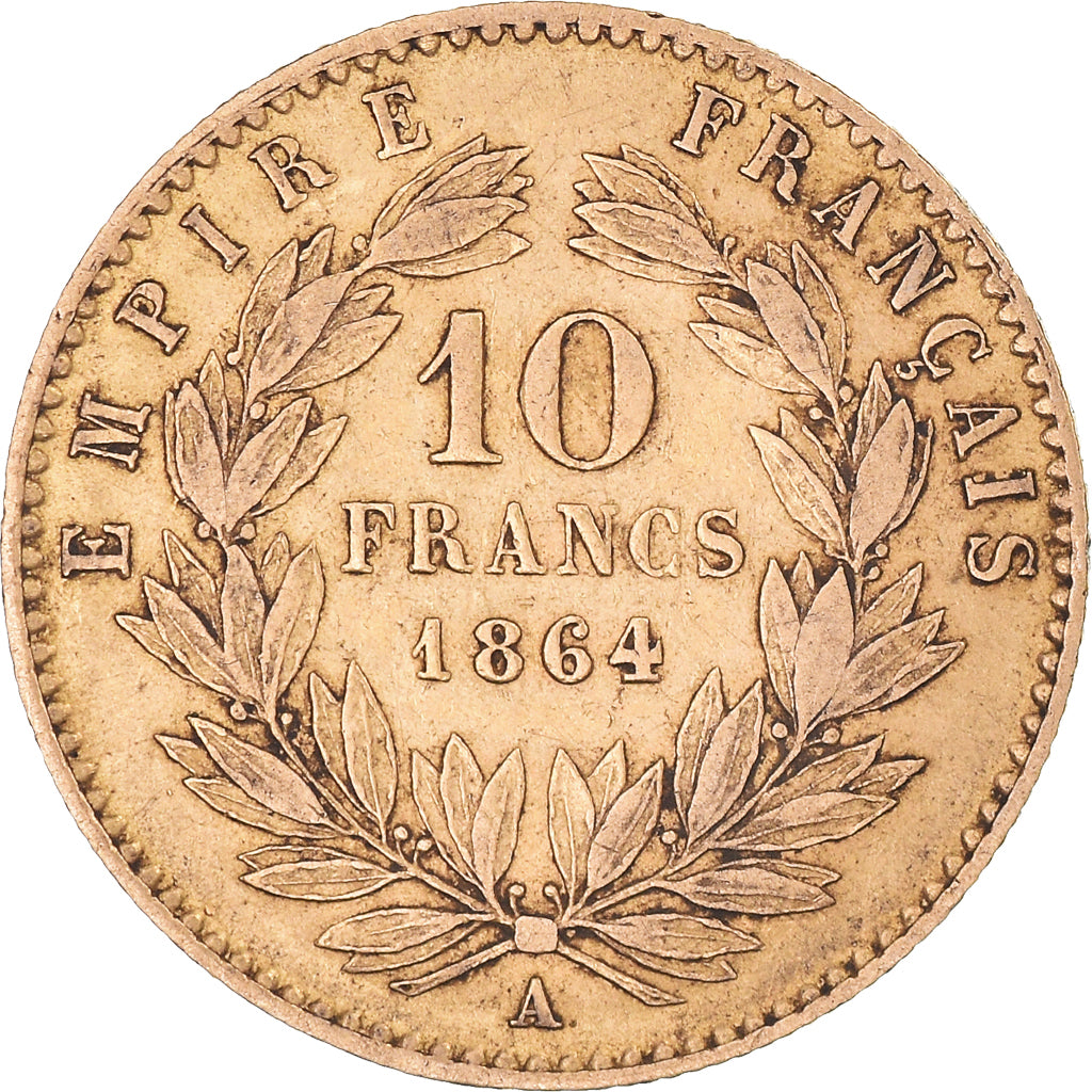 Moneda, Francia, Napoleon III, 10 Francs, 1864, Paris, BC+, Oro, KM:800.1