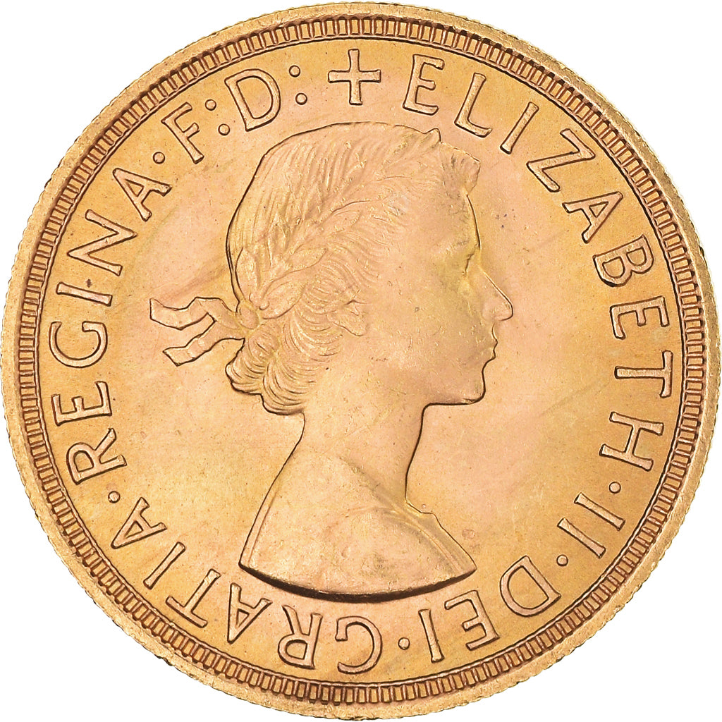 Coin, Great Britain, Elizabeth II, Sovereign, 1957, London, MS(63), Gold, KM:908