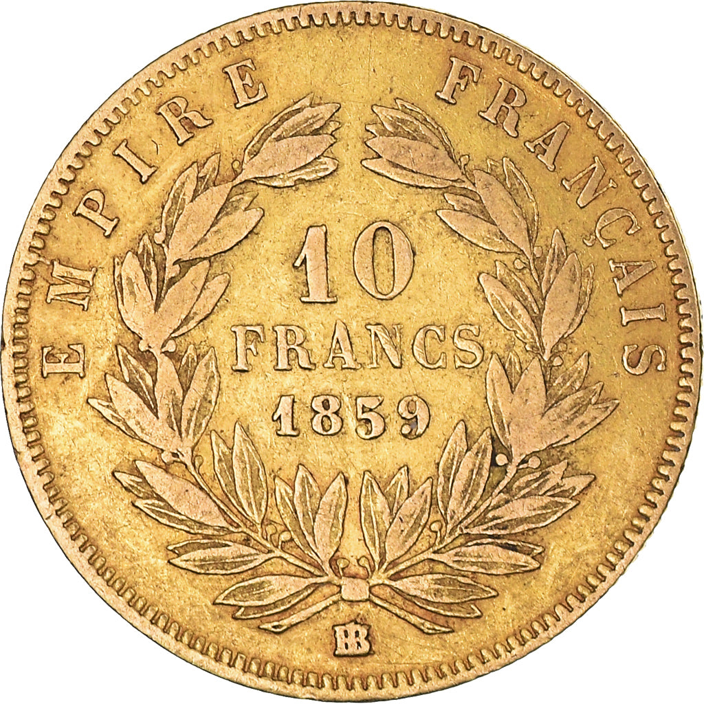 Moneta, Francia, Napoleon III, 10 Francs, 1859, Strasbourg, MB+, Oro, KM:784.4