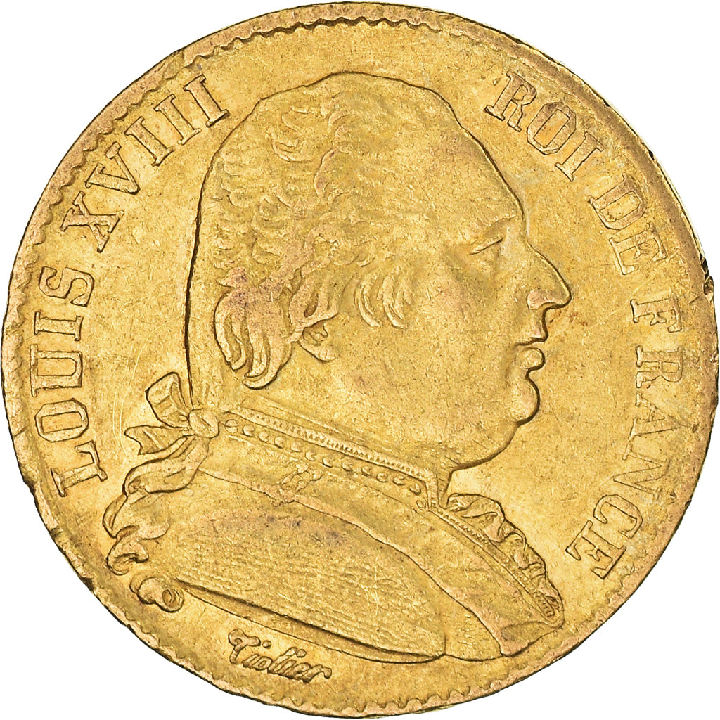 Coin, France, Louis XVIII, 20 Francs, 1814, Paris, AU(50-53), Gold, KM:706.1