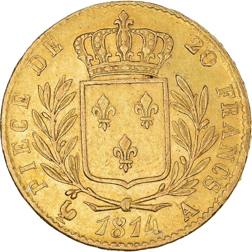 Coin, France, Louis XVIII, 20 Francs, 1814, Paris, AU(50-53), Gold, KM:706.1