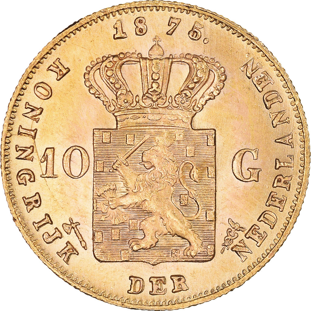 Coin, Netherlands, William III, 10 Gulden, 1875, Utrecht, MS(63), Gold, KM:105