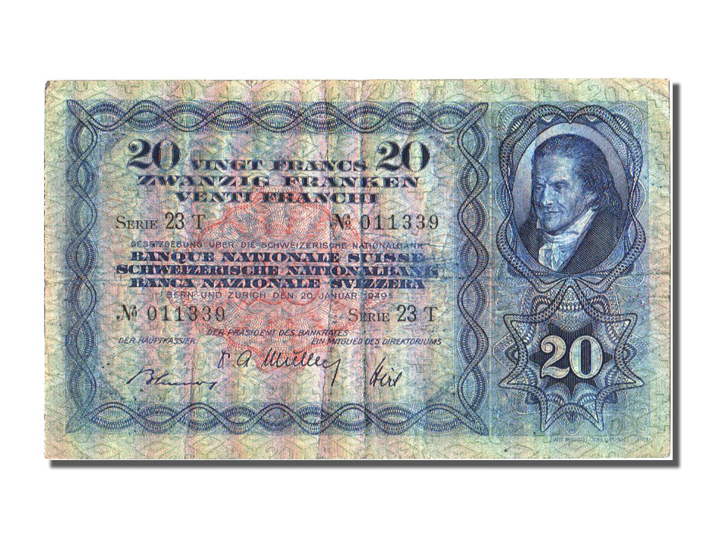 Switzerland, 20 Franken, 1949, KM #39q, 1949-01-20, VF(20-25), T