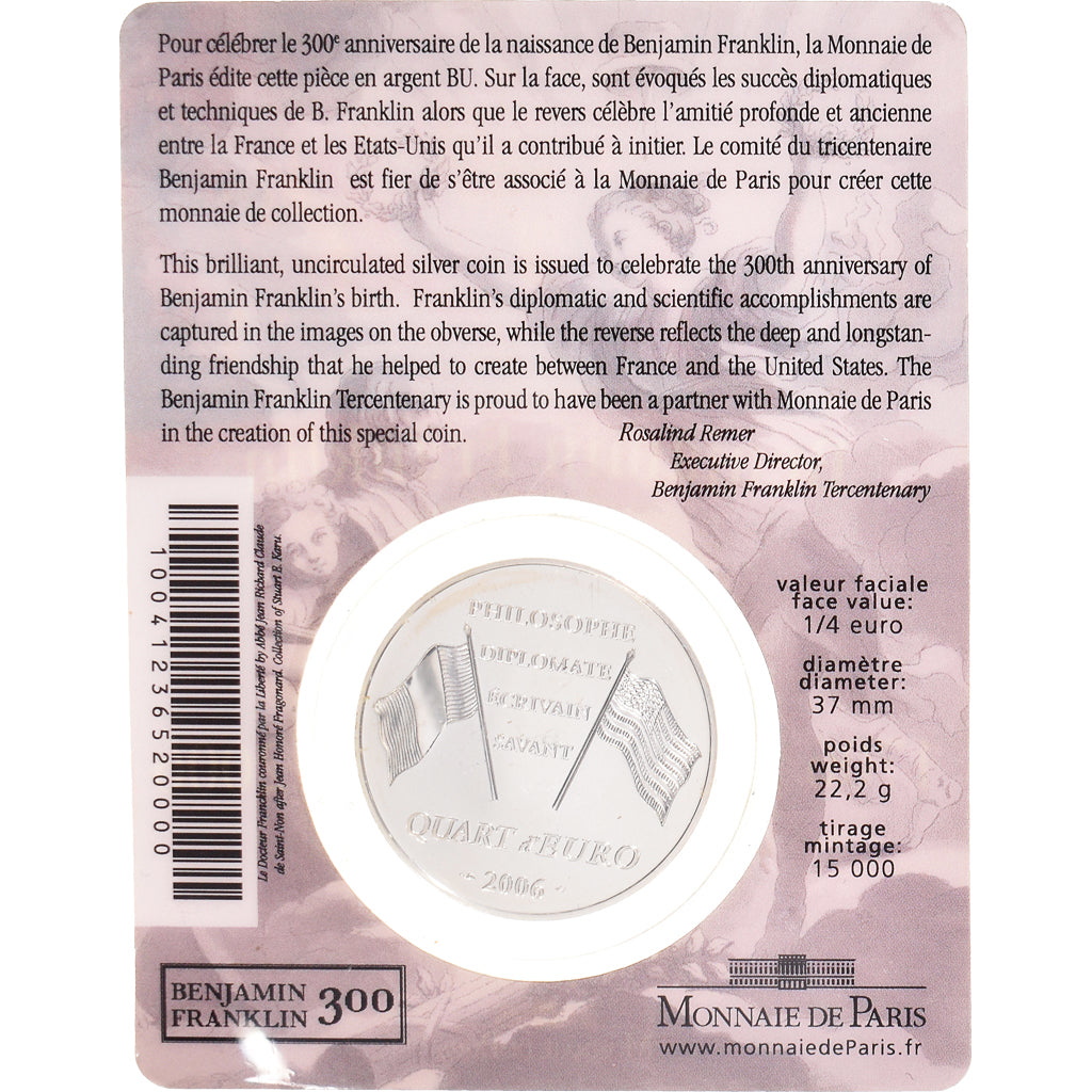 França, 1/4 Euro, Monnaie de Paris, Benjamin Franklin, 2006, Paris, MS(65-70)