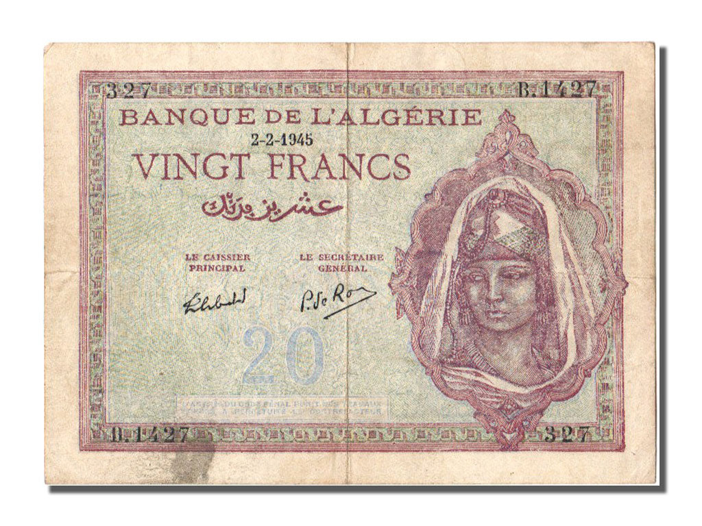 Algeria, 20 Francs, 1945, KM #92b, 1945-02-02, EF(40-45), B