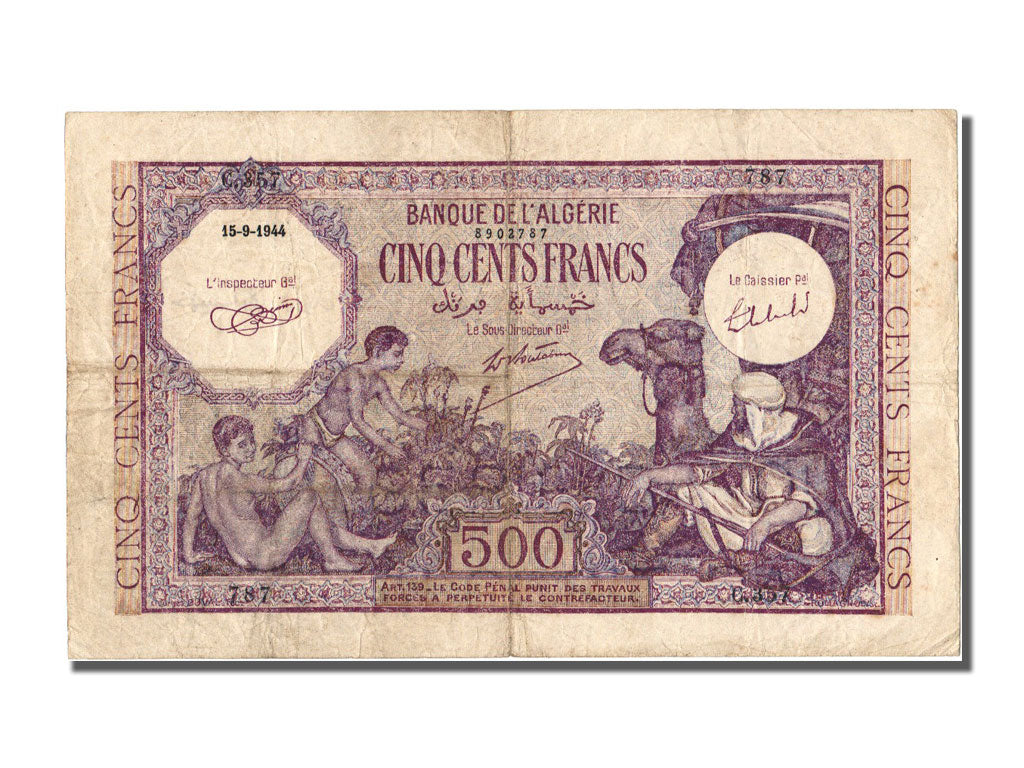 Algeria, 500 Francs, 1944, KM #95, 1944-09-15, VF(30-35), C