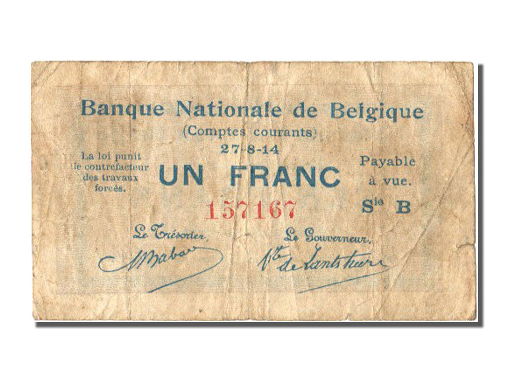 Belgium, 1 Franc, 1914, KM #81, 1914-08-27, VF(20-25), B