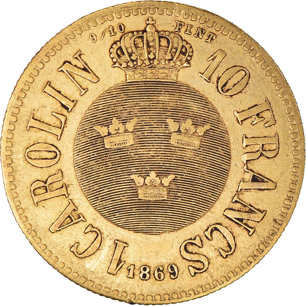 Coin, Sweden, Carl XV Adolf, Carolin, 10 Francs, 1869, EF(40-45), Gold, KM:716