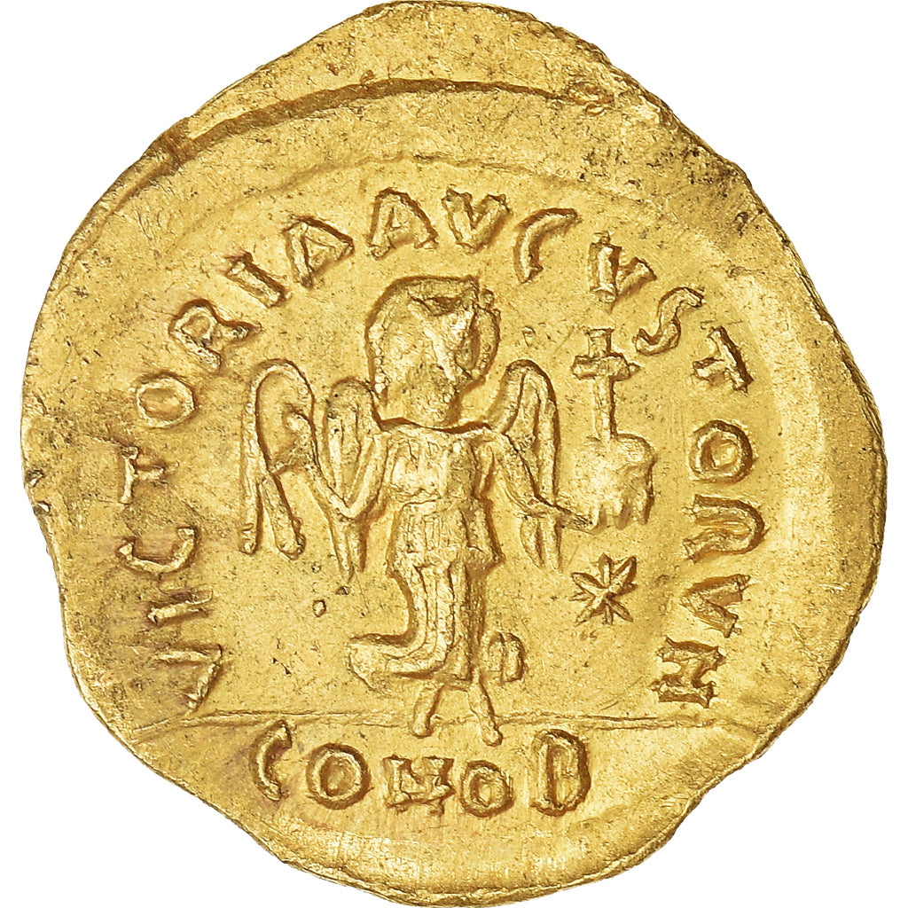 Coin, Justinian I, Tremissis, 527-565 AD, Constantinople, AU(55-58), Gold