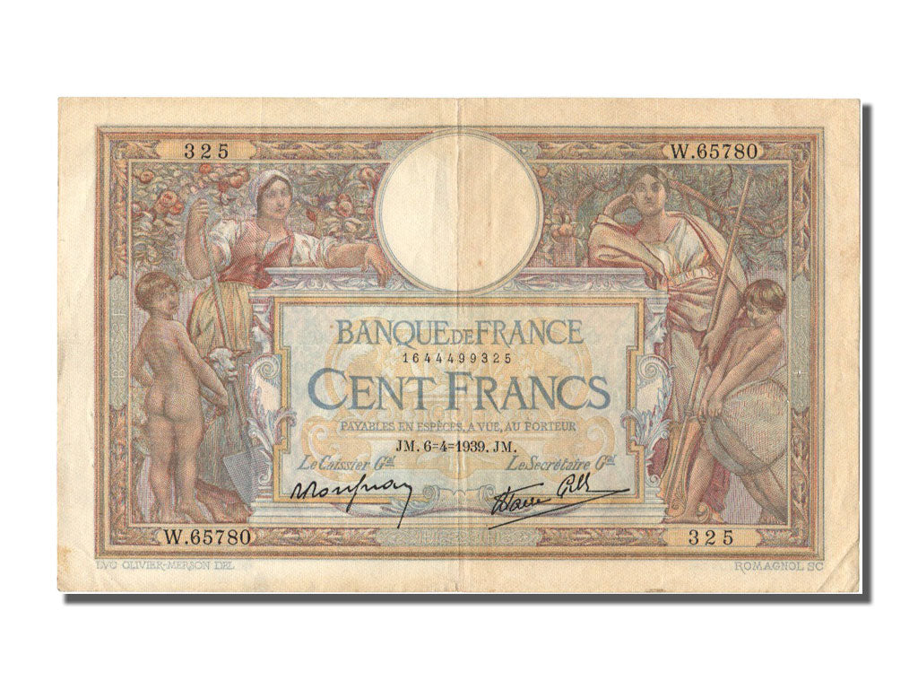France, 100 Francs, 100 F 1908-1939 ''Luc Olivier Merson'', 1939, KM #86b,...