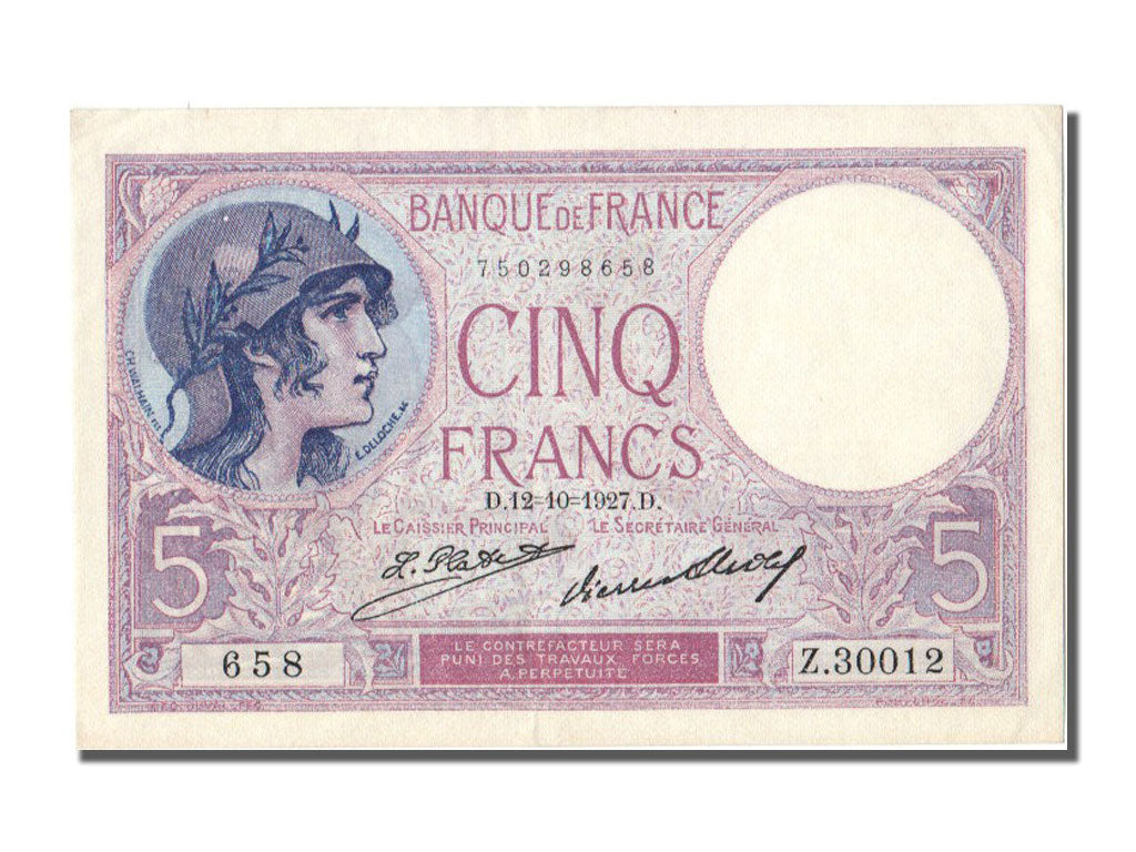 Banconote, Francia, 5 Francs, 5 F 1917-1940 ''Violet'', 1927, 1927-10-12, SPL-