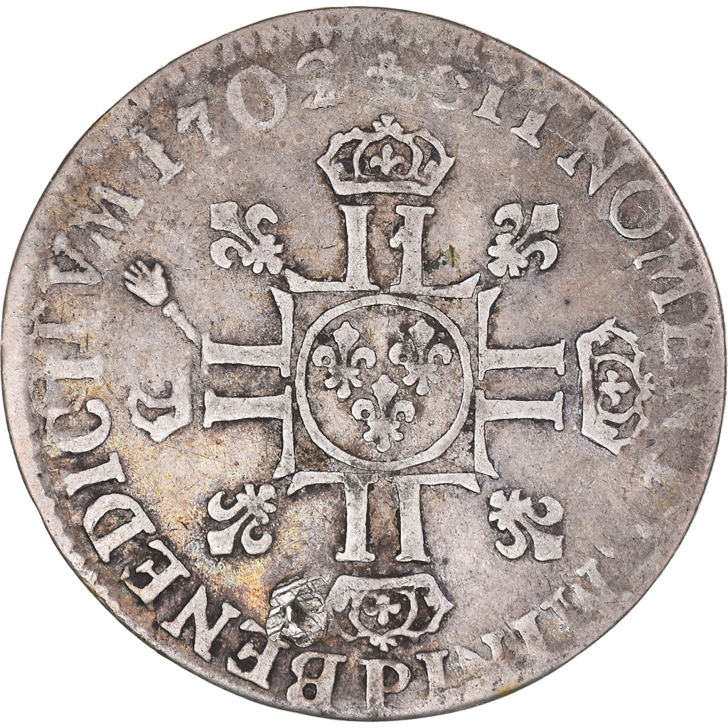 Munten, Frankrijk, Louis XIV, 1/4 Ecu aux 8 L, 1704, Dijon, Holed, ZG+, Zilver