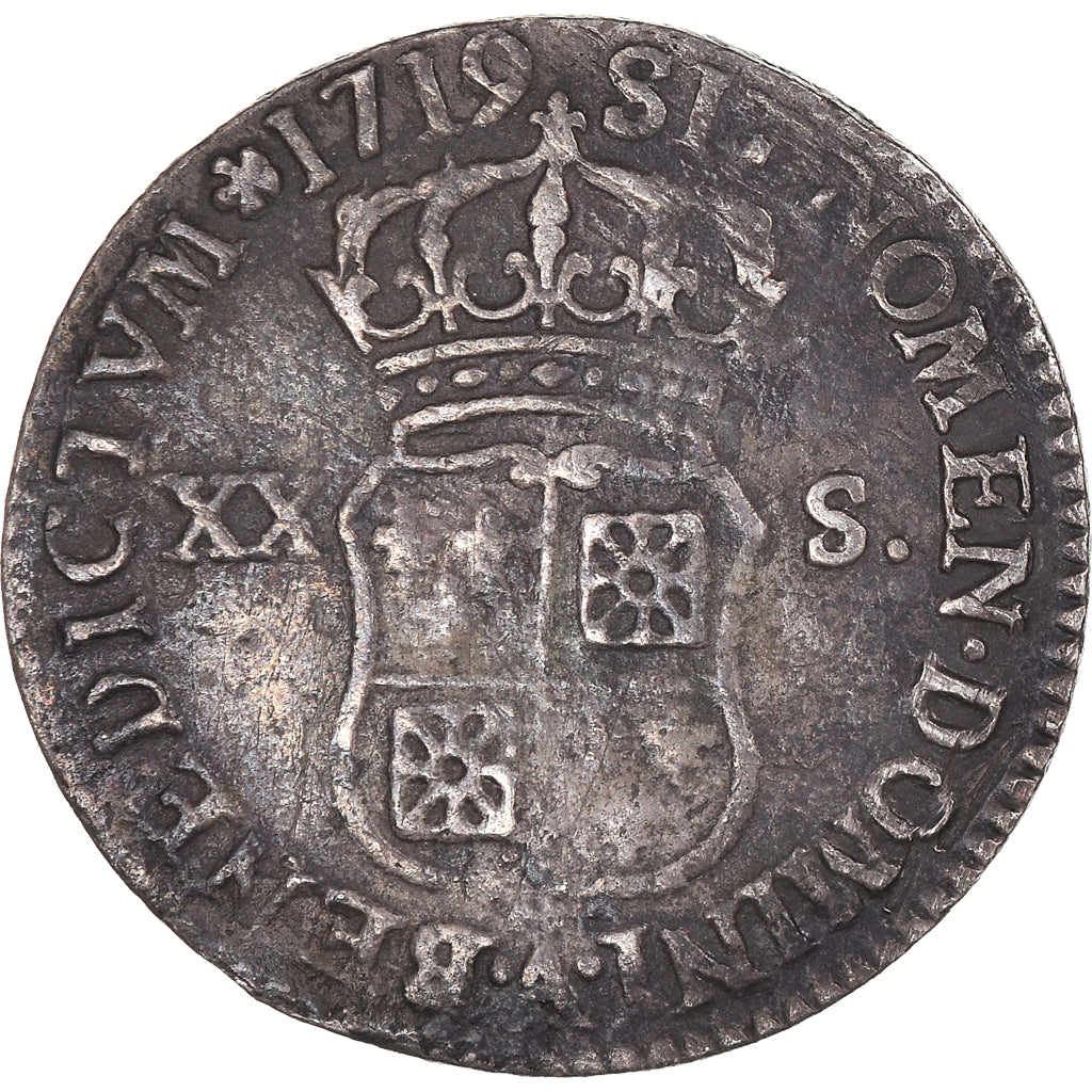 Moneta, Francia, Louis XV, XX Sols, 1719, Paris, MB+, Argento, Gadoury:295