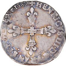 Moneda, Francia, Henri III, 1/4 Ecu, 1589, Paris, MBC, Plata, Sombart:4662