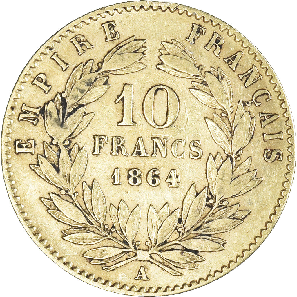 Moneta, Francia, Napoleon III, 10 Francs, 1864, Paris, MB+, Oro, KM:800.1