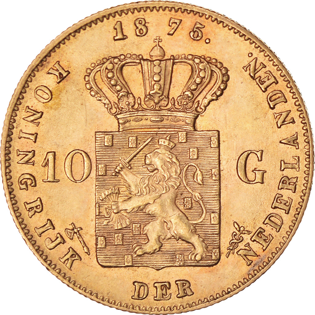 Coin, Netherlands, William III, 10 Gulden, 1875, Utrecht, MS(60-62), Gold