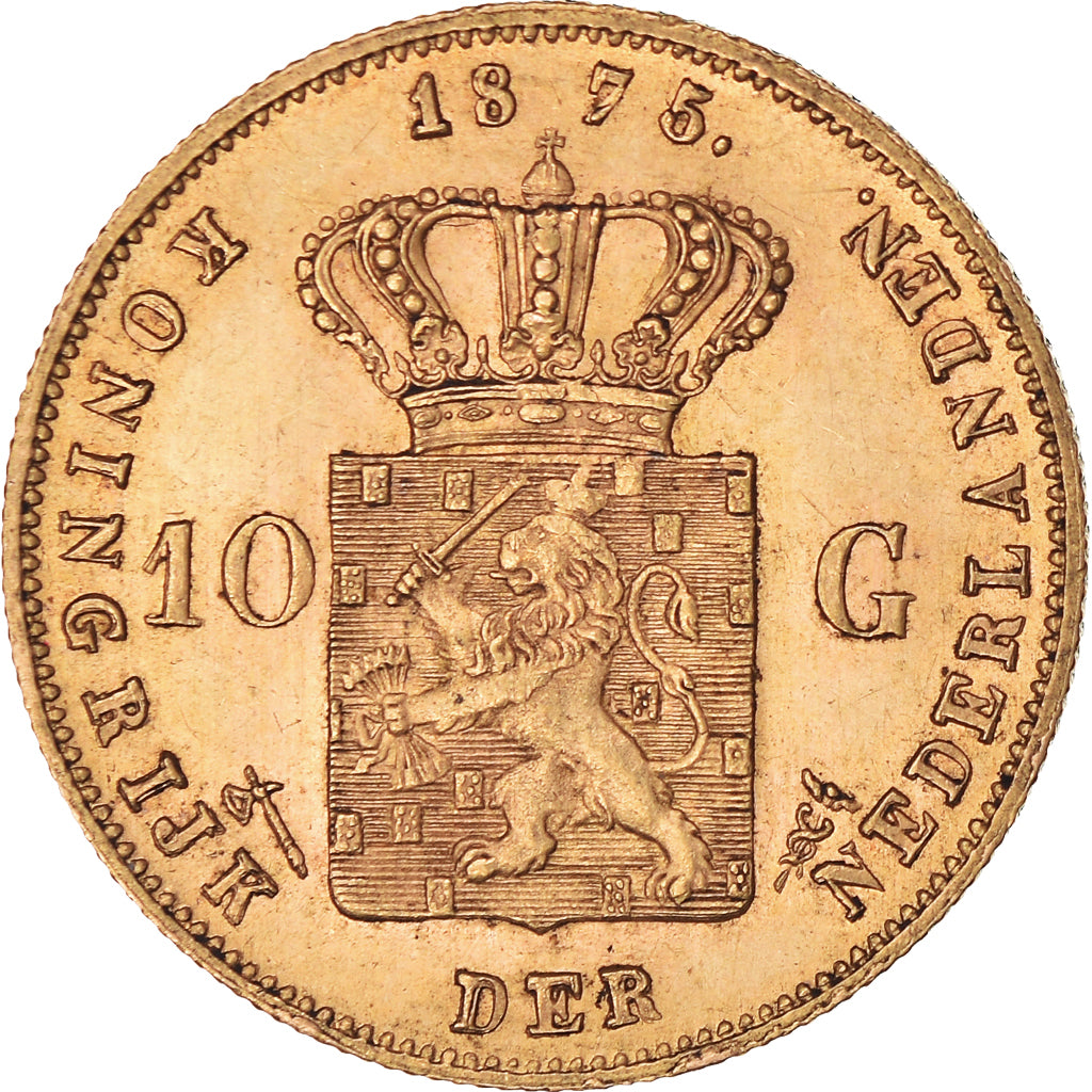 Coin, Netherlands, William III, 10 Gulden, 1875, Utrecht, MS(60-62), Gold
