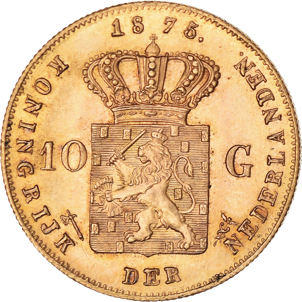 Coin, Netherlands, William III, 10 Gulden, 1875, Utrecht, MS(60-62), Gold