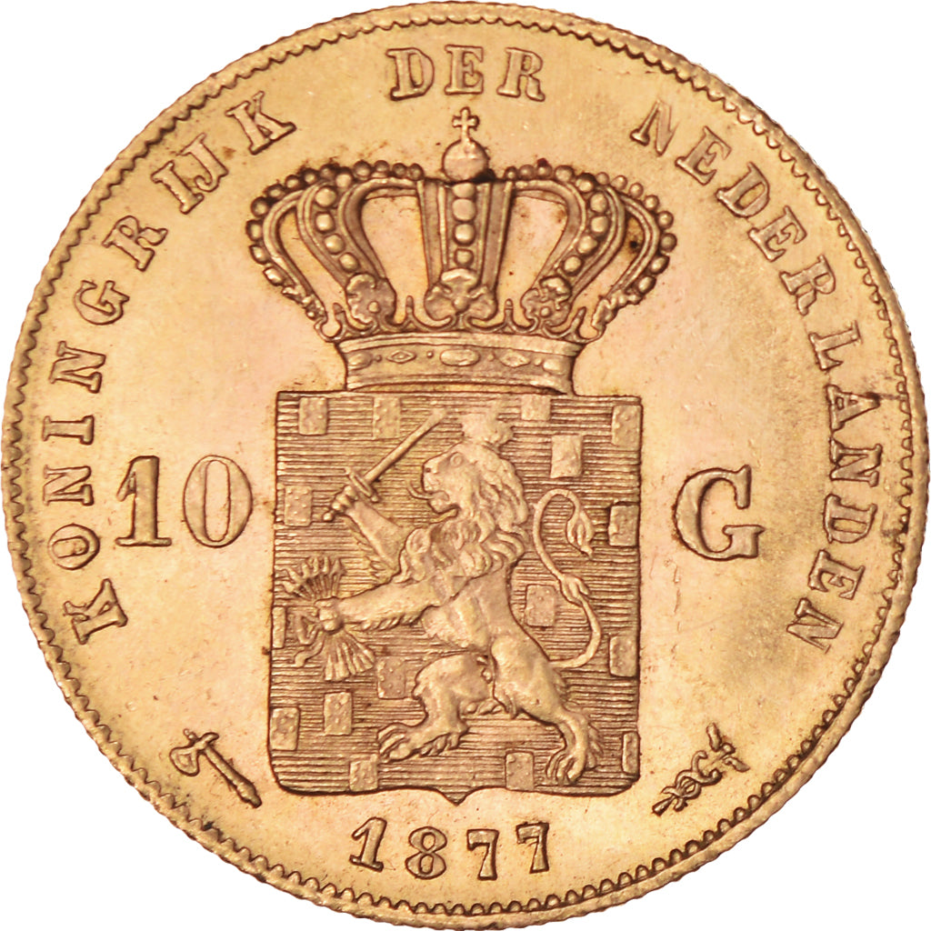 Coin, Netherlands, William III, 10 Gulden, 1877, AU(55-58), Gold, KM:106
