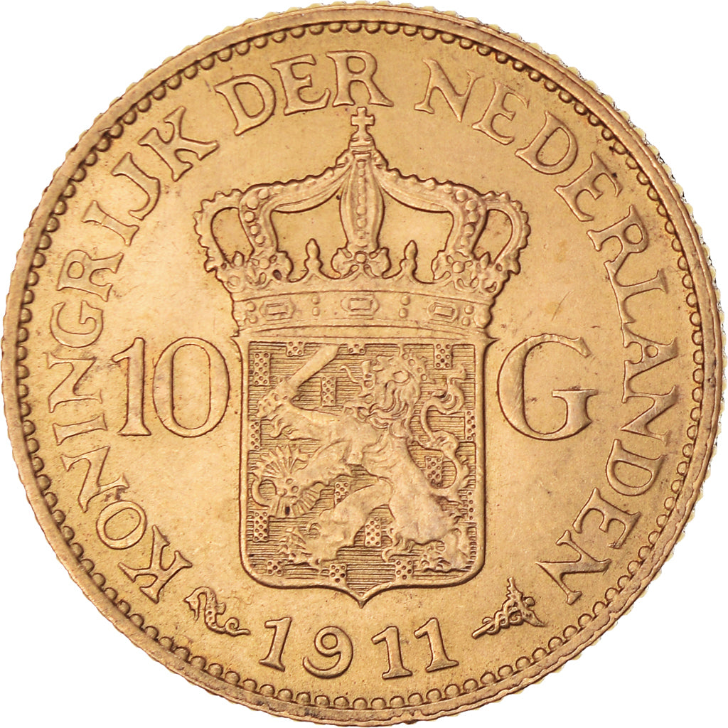 Coin, Netherlands, Wilhelmina I, 10 Gulden, 1911, MS(60-62), Gold, KM:149