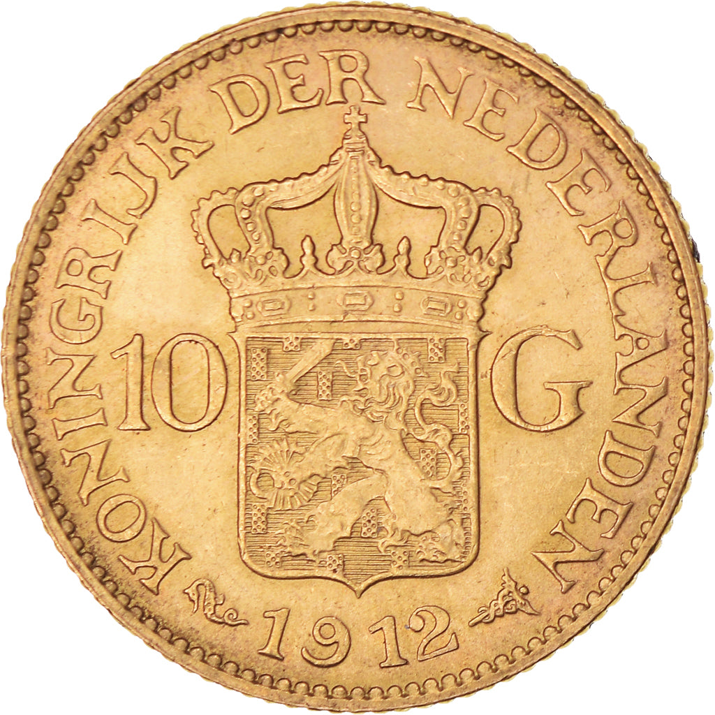 Coin, Netherlands, Wilhelmina I, 10 Gulden, 1912, AU(55-58), Gold, KM:149