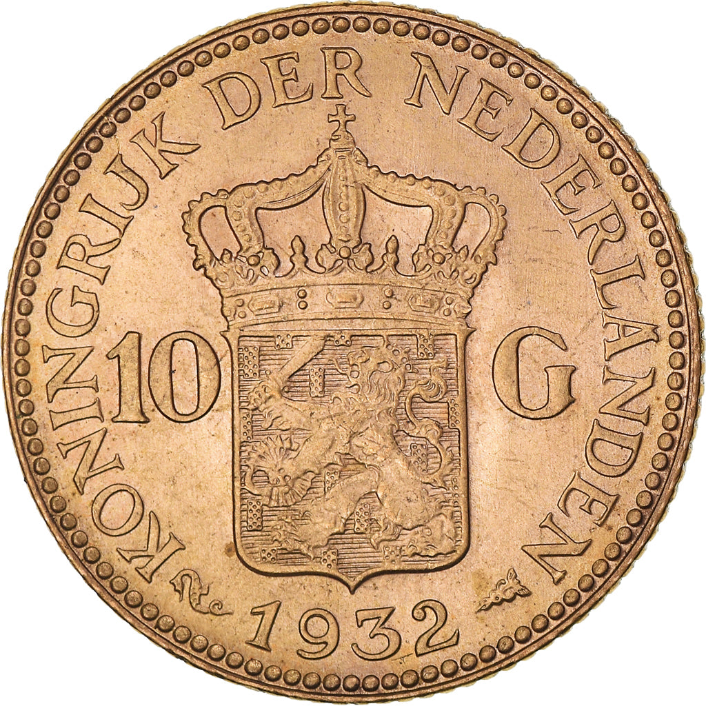 Coin, Netherlands, Wilhelmina I, 10 Gulden, 1932, Utrecht, MS(64), Gold, KM:162
