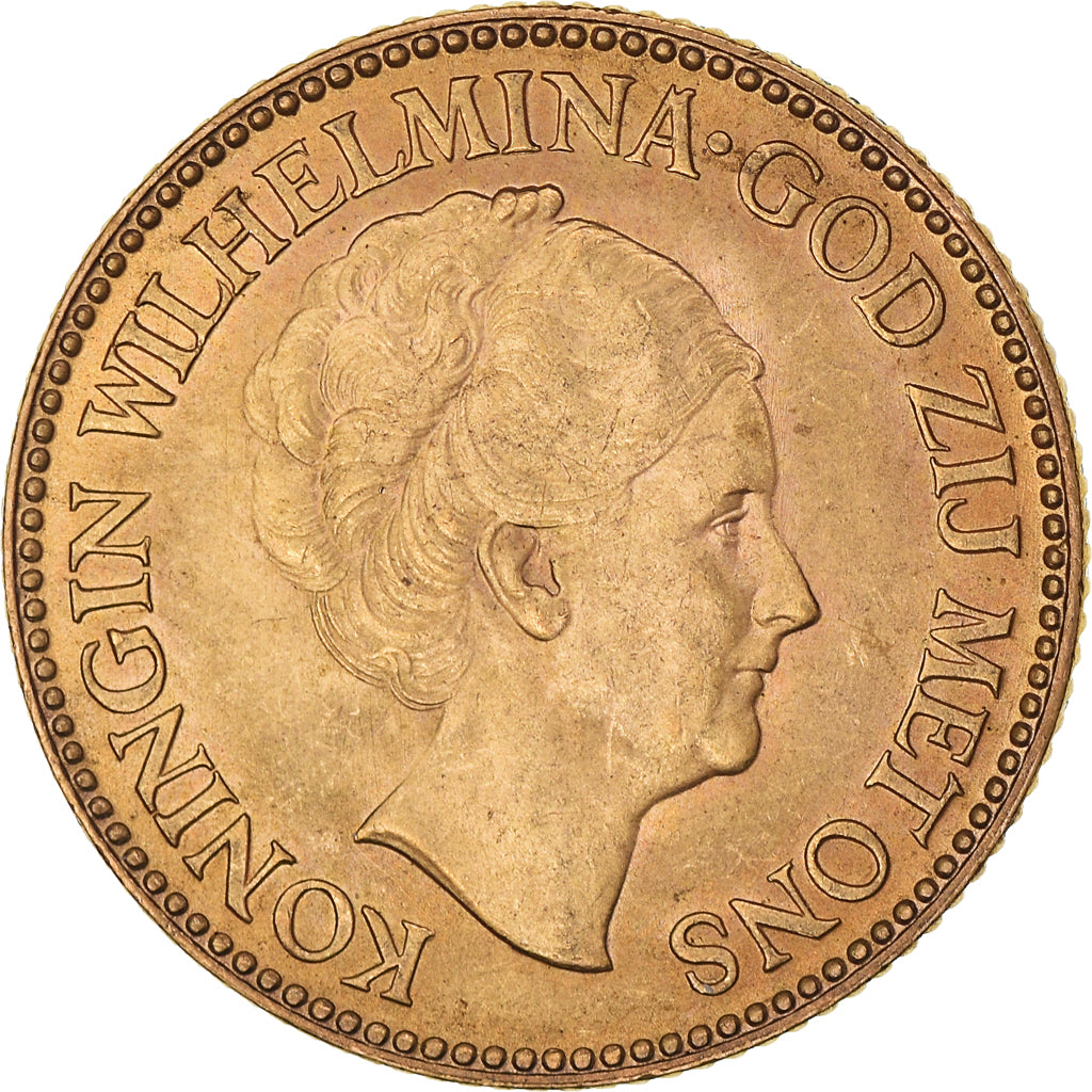 Coin, Netherlands, Wilhelmina I, 10 Gulden, 1933, MS(60-62), Gold, KM:162