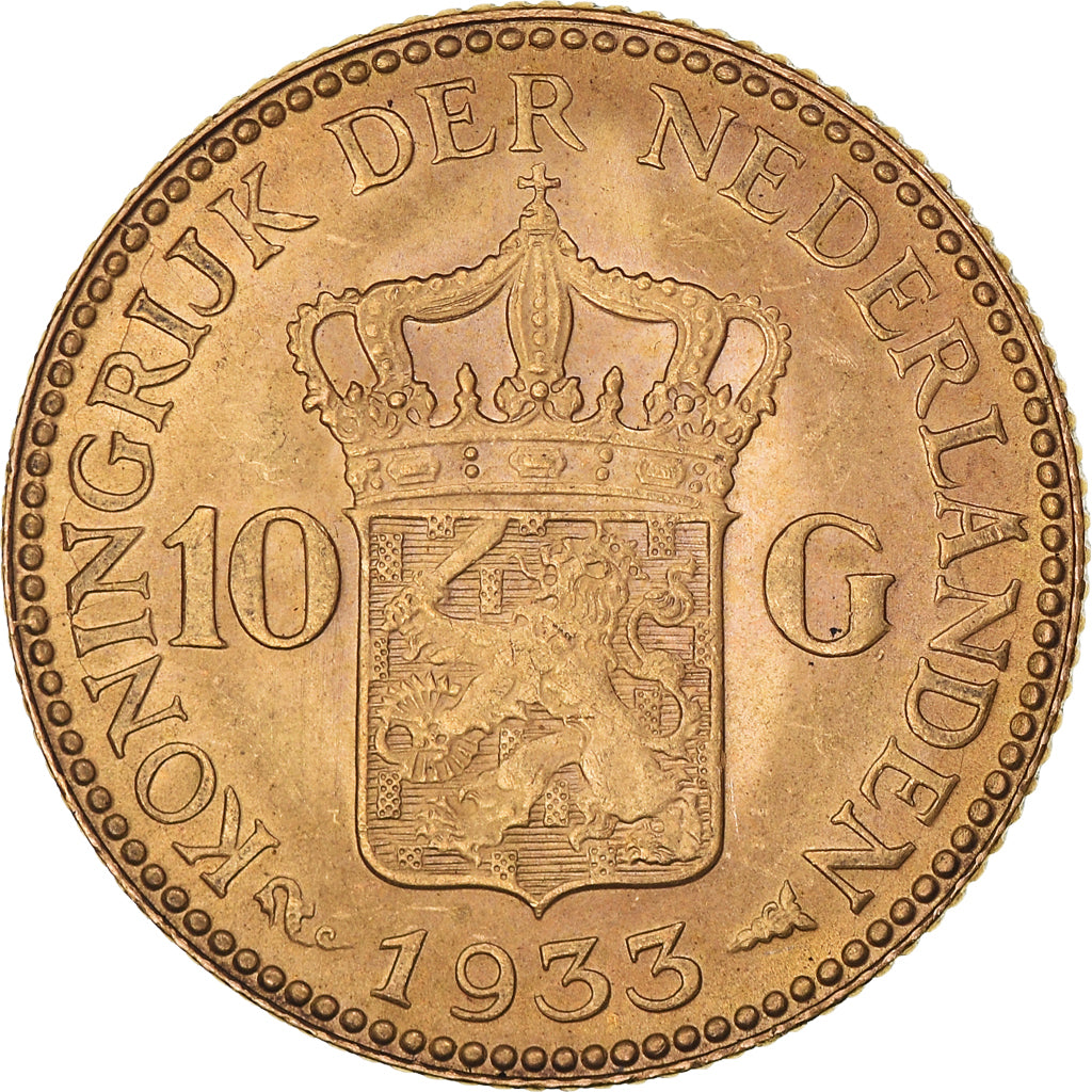 Coin, Netherlands, Wilhelmina I, 10 Gulden, 1933, MS(60-62), Gold, KM:162