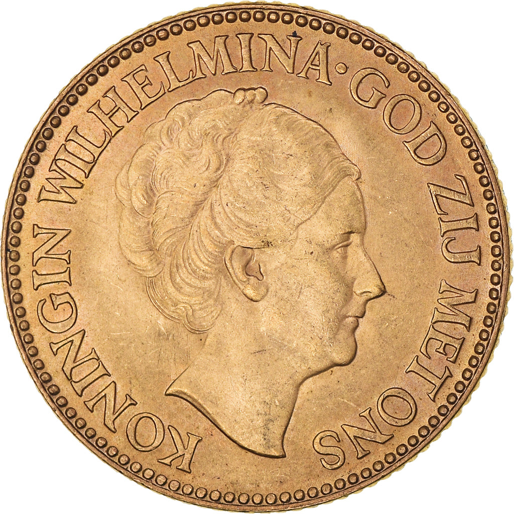 Coin, Netherlands, Wilhelmina I, 10 Gulden, 1933, MS(63), Gold, KM:162