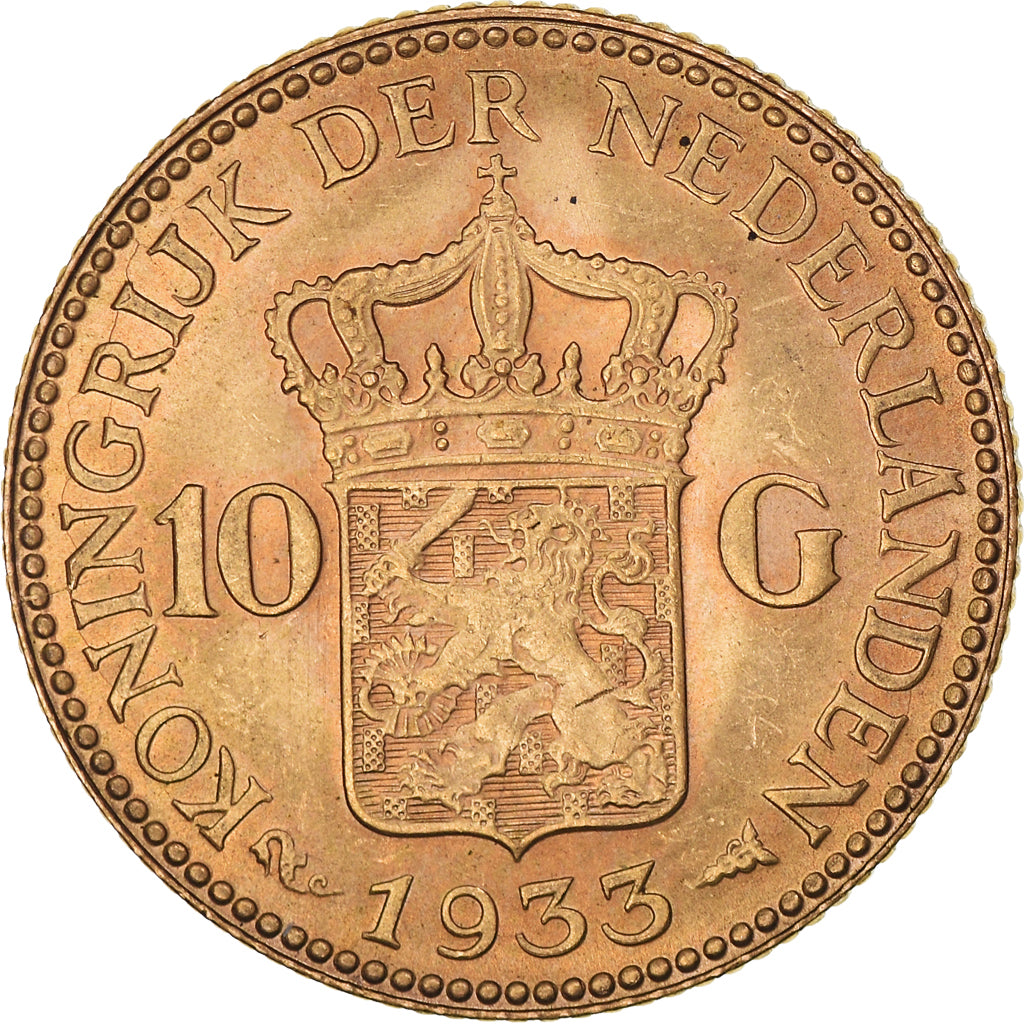 Coin, Netherlands, Wilhelmina I, 10 Gulden, 1933, MS(63), Gold, KM:162