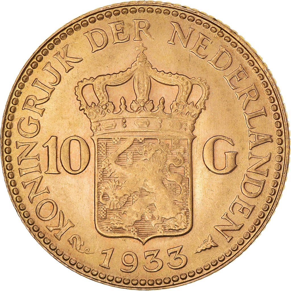 Coin, Netherlands, Wilhelmina I, 10 Gulden, 1933, MS(63), Gold, KM:162