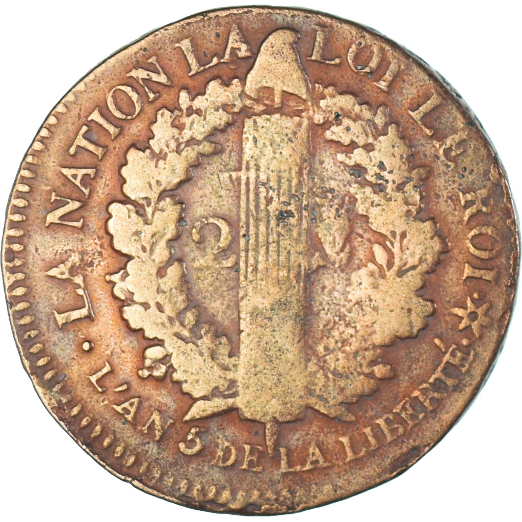 Moeda, França, 2 Sols, 1793 / AN 5, Strasbourg, F(12-15), Cuivre, Gadoury:24