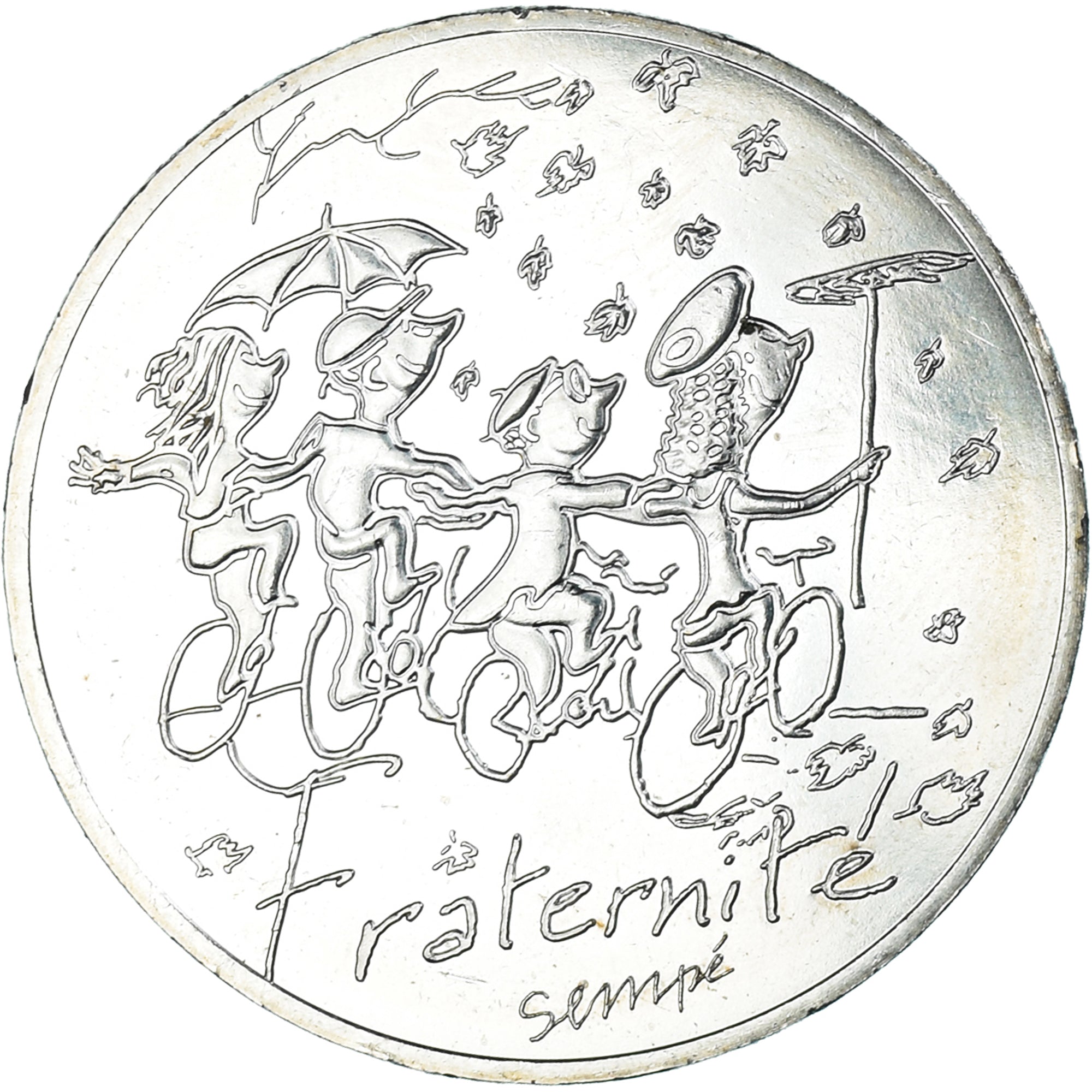 France, 10 Euro, 2014, Sempé Fraternité Automne, MS(63), Silver