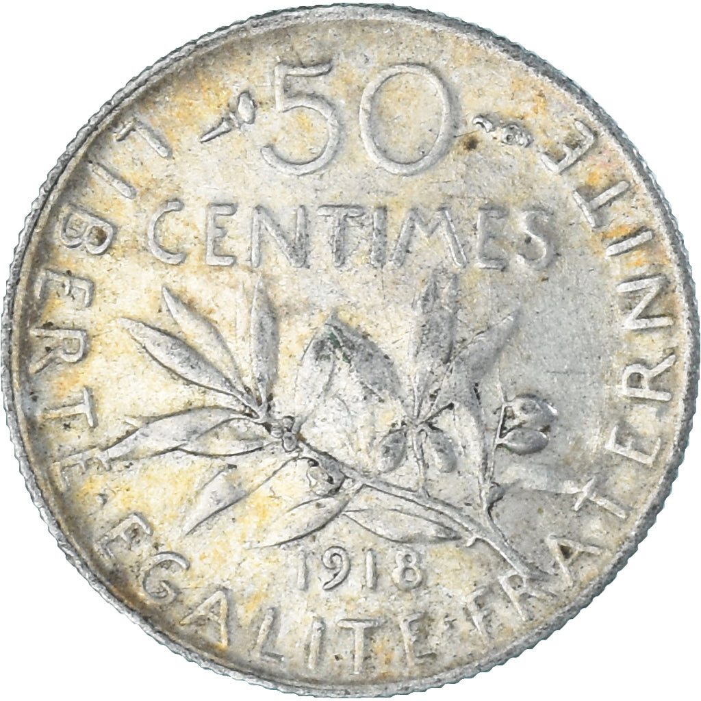 Munten, Frankrijk, Semeuse, 50 Centimes, 1918, Paris, PR, Zilver, KM:854