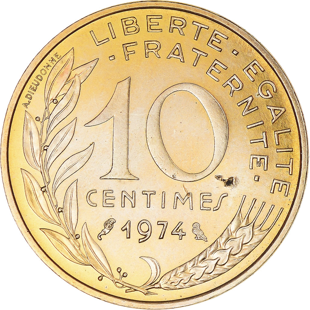 Munten, Frankrijk, Marianne, 10 Centimes, 1974, Paris, FDC, Aluminum-Bronze