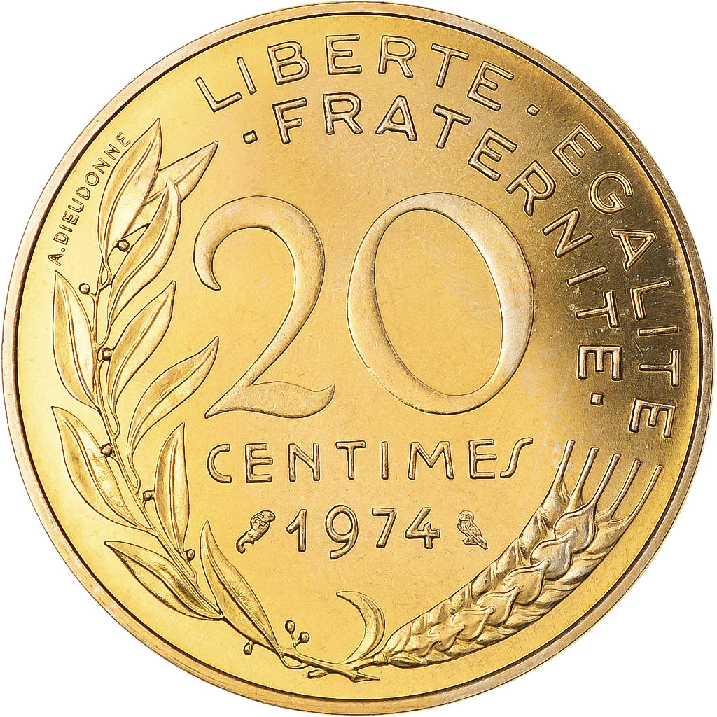 Moneta, Francja, Marianne, 20 Centimes, 1974, Paris, MS(65-70), Aluminium-Brąz