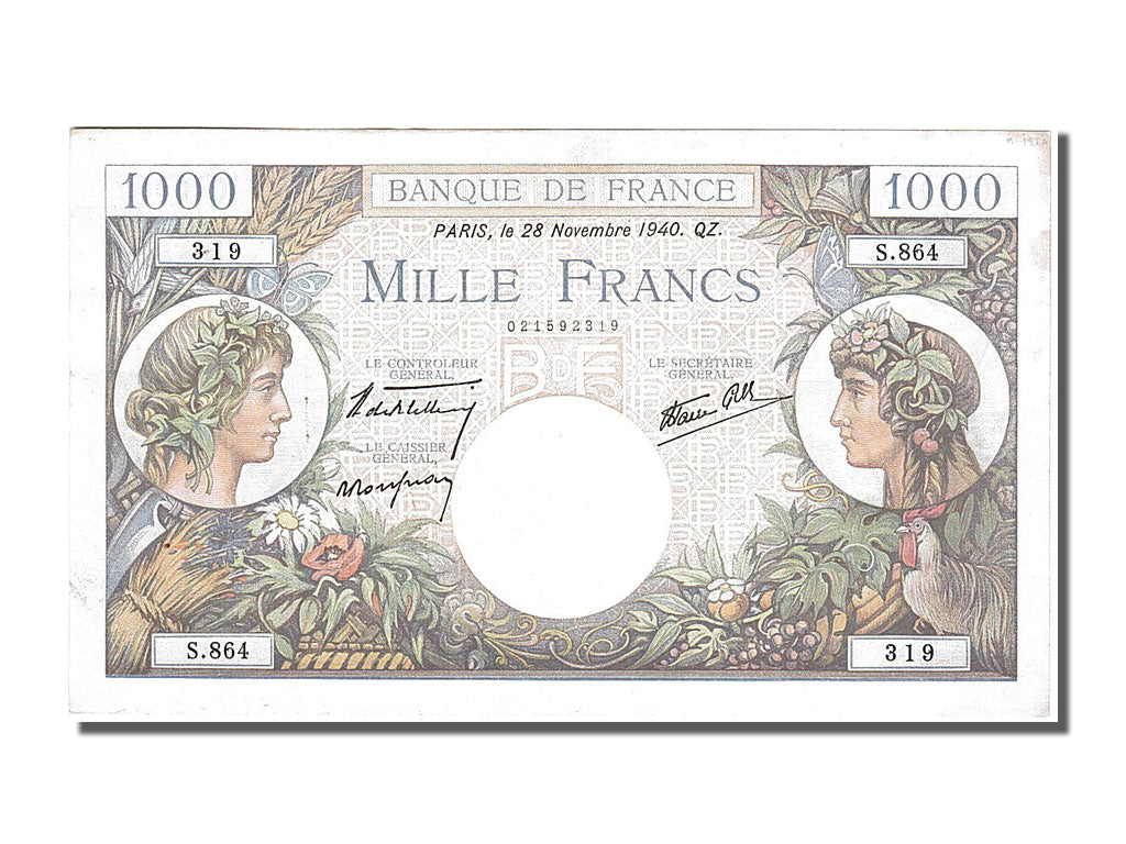 France, 1000 Francs, 1 000 F 1940-1944 ''Commerce et Industrie'', 1940, KM...
