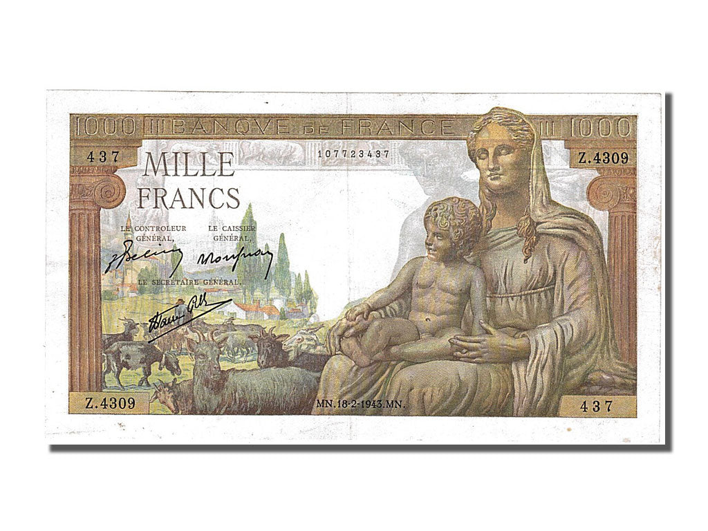 France, 1000 Francs, 1 000 F 1942-1943 ''Déesse Déméter'', 1943, KM #102, 194...