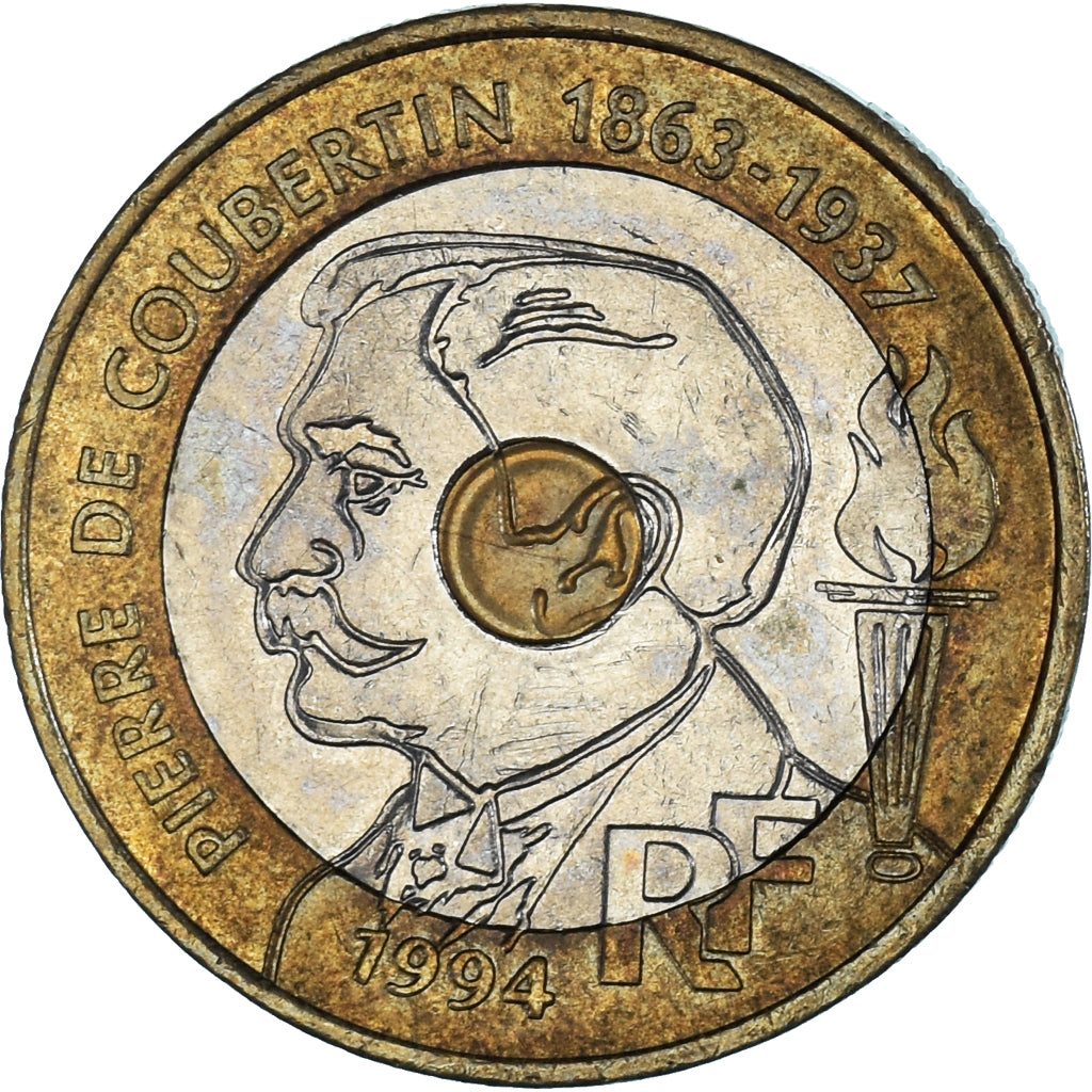 Moeda, França, Pierre de Coubertin, 20 Francs, 1994, AU(50-53), Trimetálico