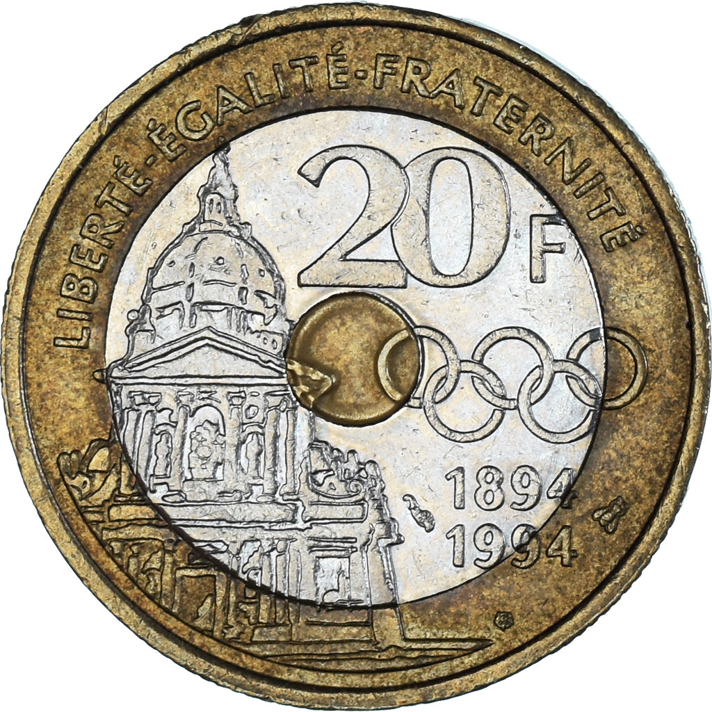 Moeda, França, Pierre de Coubertin, 20 Francs, 1994, AU(50-53), Trimetálico