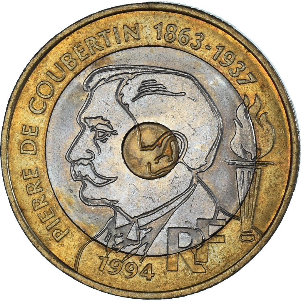 Moeda, França, Pierre de Coubertin, 20 Francs, 1994, AU(55-58), Trimetálico
